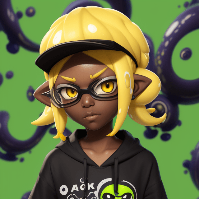AI generated: splatoon, inkling, dark skin, yellow hair, visor, spiral eye, hypnosis