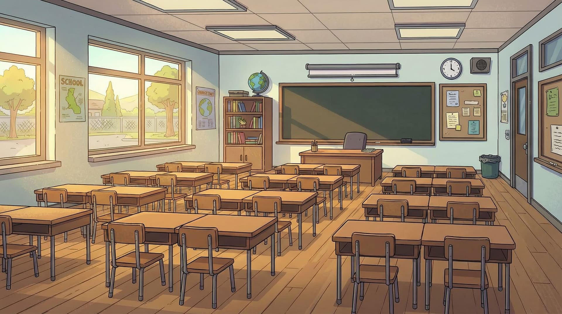 AI generated: mimic this style from reference images. I need a school classroom background. every desk has double ...