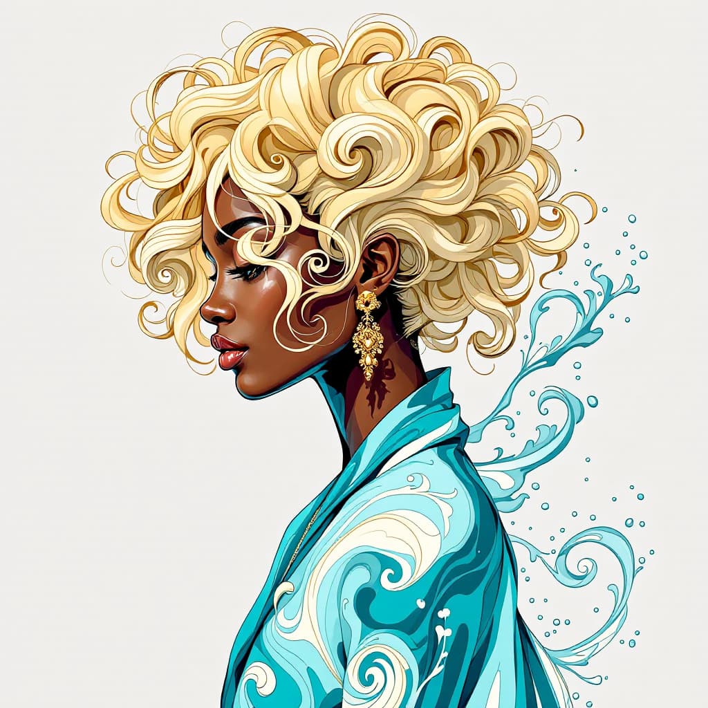 AI generated: /imagine prompt: profile view of an elegant person with curly blonde sculptural hairstyle and flowin...