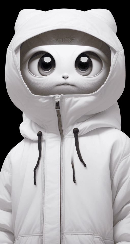 AI generated: An image of an alien, a small, white, and furry creature with a big head and large eyes. It is weari...