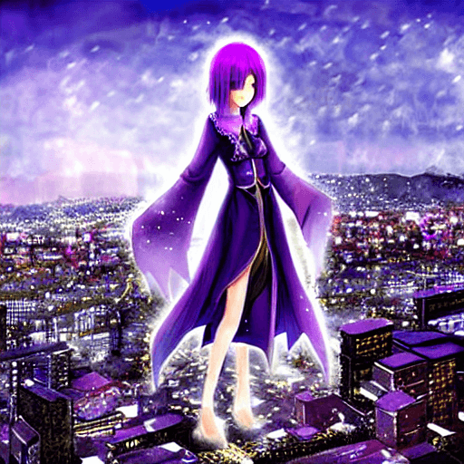 AI generated: purple haired mage, full body portrait, gentle, cloth, female, city landscape, d 