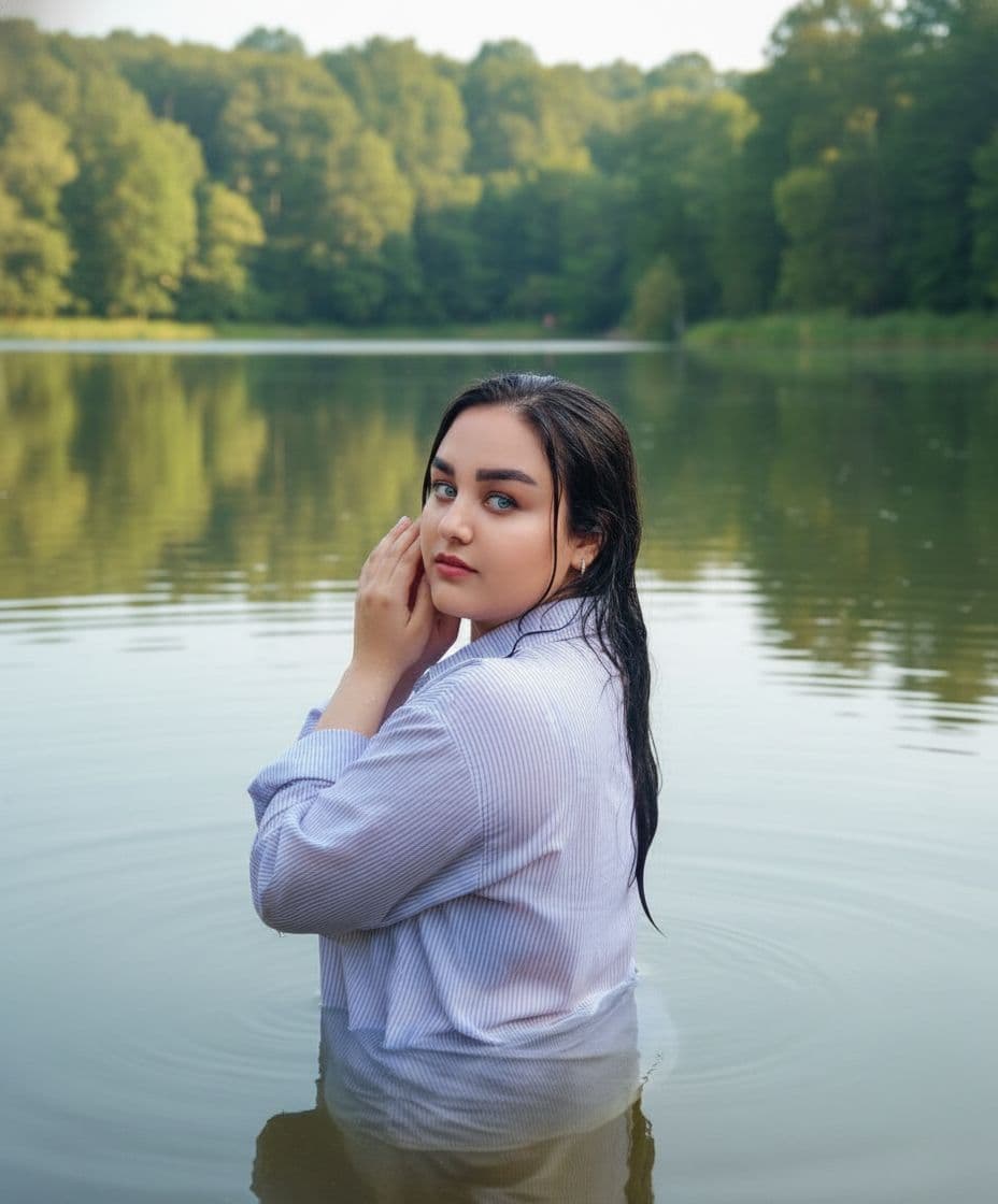 AI generated: The uploaded woman stands in a serene lake, her back to the viewer, looking over her shoulder with l...