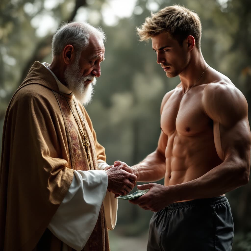 AI generated: high-resolution photo of a skinny elderly catholic priest, next to muscular, young man with light bl...