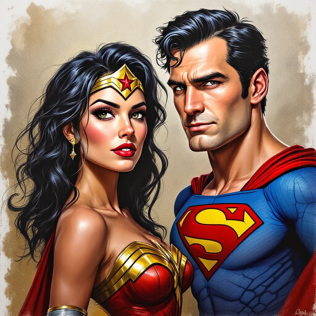 AI generated: caricature of superman and wonder woman from the given photo
