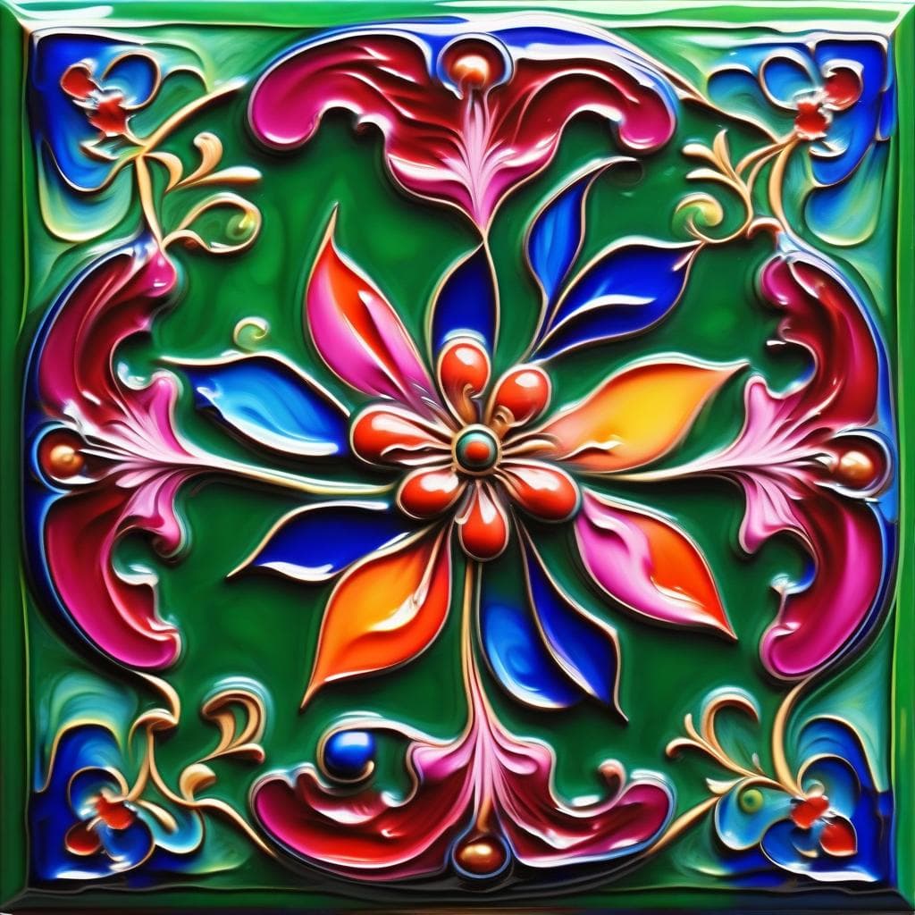 AI generated: Arabesque, flower, liquid Enamel painting, oily glossy colors, green, blue cobalt, ruby red, orange,...