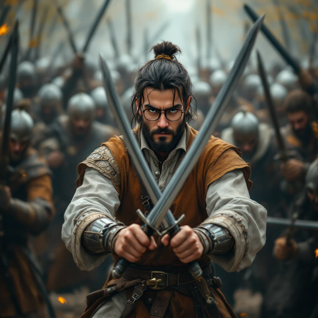 AI generated: A 26-year-old confident male with square specs in historian war like situation where he is surrounde...
