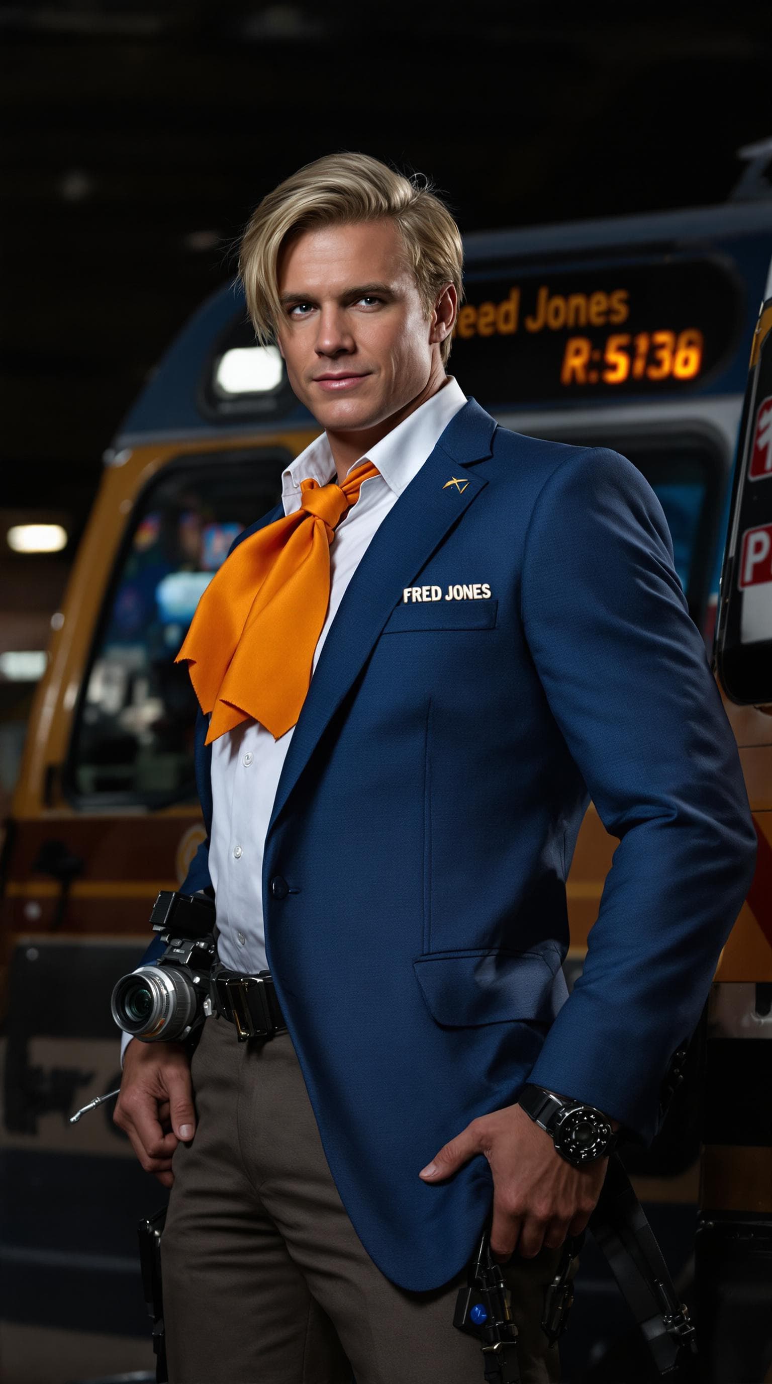 AI generated: A hyper-realistic image of a charismatic lead investigator inspired by Fred Jones from Scooby Doo; c...