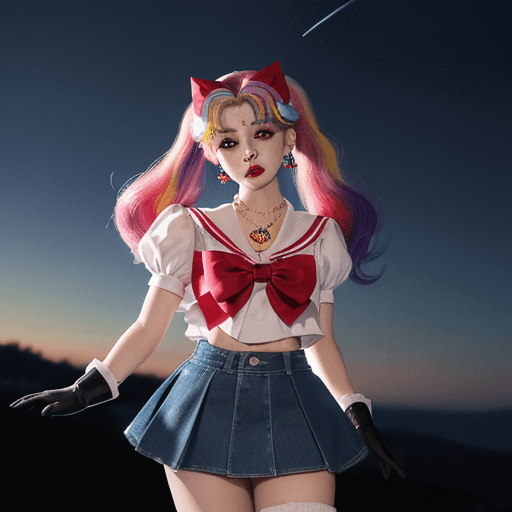 AI generated: Masterpiece, best quality, (1 girl), super sailor chibi moon,  chibiusa,  denim shot, night sky, moo...