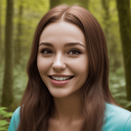 AI generated: advertising photo of a girl where she puts on silicone veneers in nature
