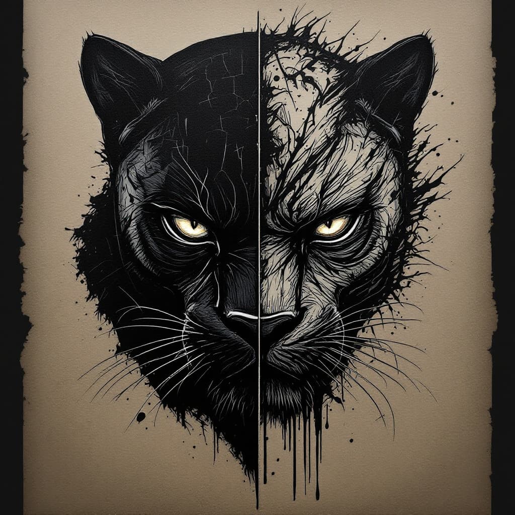 AI generated: tattoo, concept, black panther, just face, abstract, different, black and white, less black, face di...