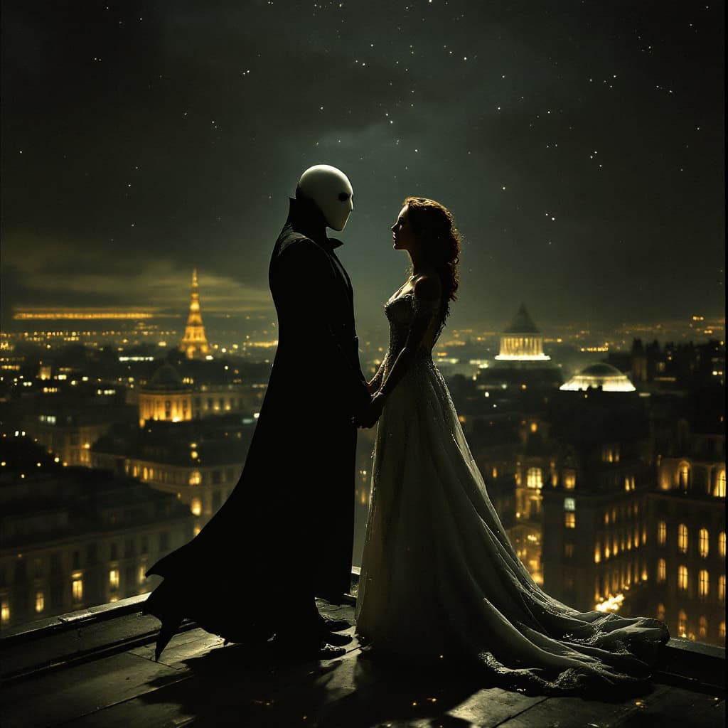 AI generated: Long shot, the Phantom of the Opera (wearing tradition phantom mask) and Christine stand atop the ro...