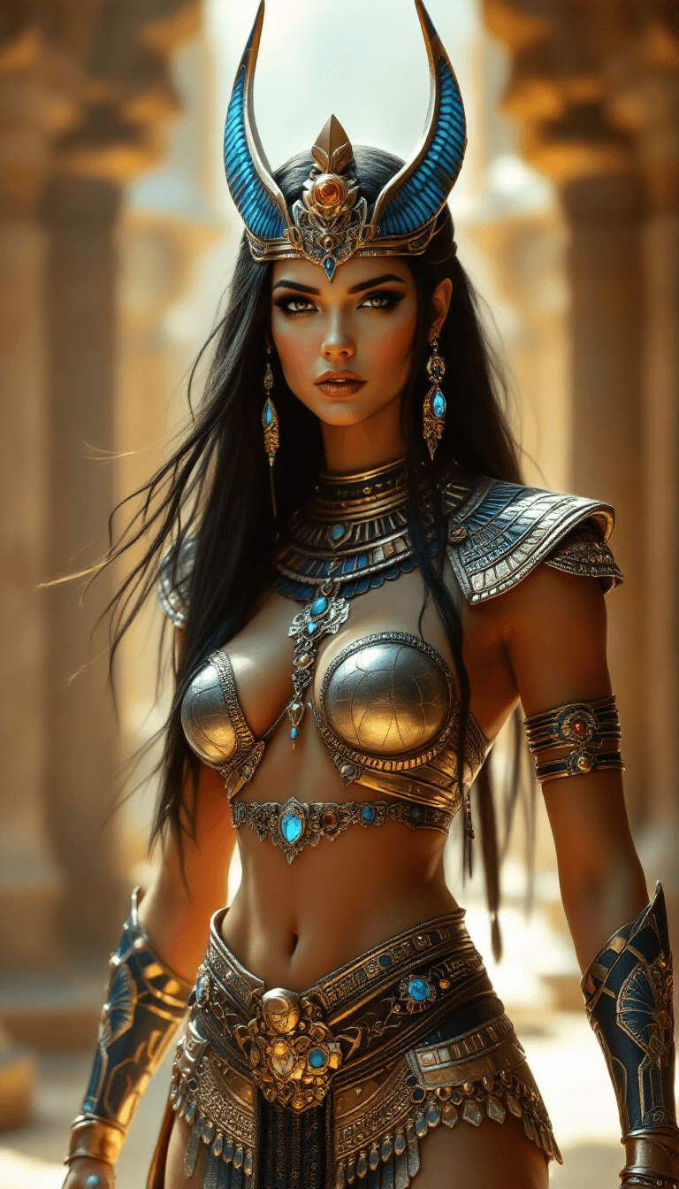 AI generated: Female Horus, egypt god, fantasy light armor withe many accessories and detailles, beauty, 4k, ultra...
