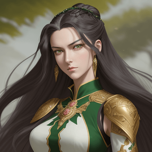 AI generated: woman of noble and elegant appearance. Her long, dark hair cascades, and her green eyes reflect wisd...