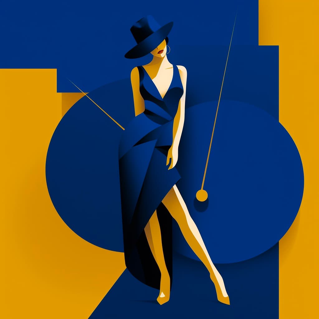 AI generated: a flat illustration of a fashio girl, exaggerated pose, sapphire blue vs gold cloth and hair, minima...