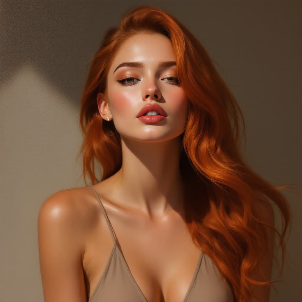 AI generated: A **gorgeous digital painting** of a **stunning woman with long, fiery red hair**, flowing in soft w...
