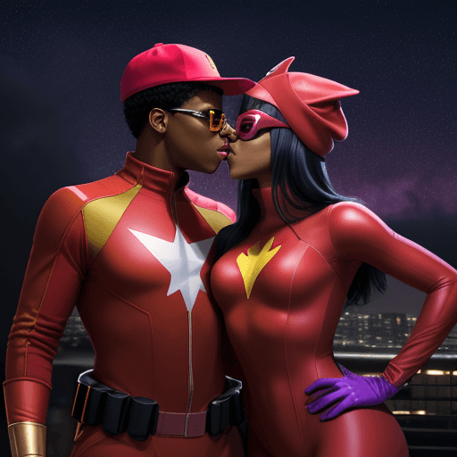 AI generated: JOHN BOYEGA IN A RED SPANDEX SUIT, WITH YELLOW GLOVES AND BOOTS , SUNGLASSES AND RED BASEBALL HAT, W...