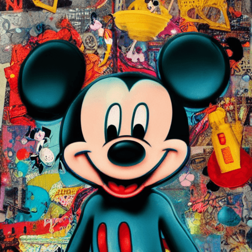 AI generated: Mickey Mouse, collage art, mixed media, enchanting, punk art, part by james jean, part by ross tran,...