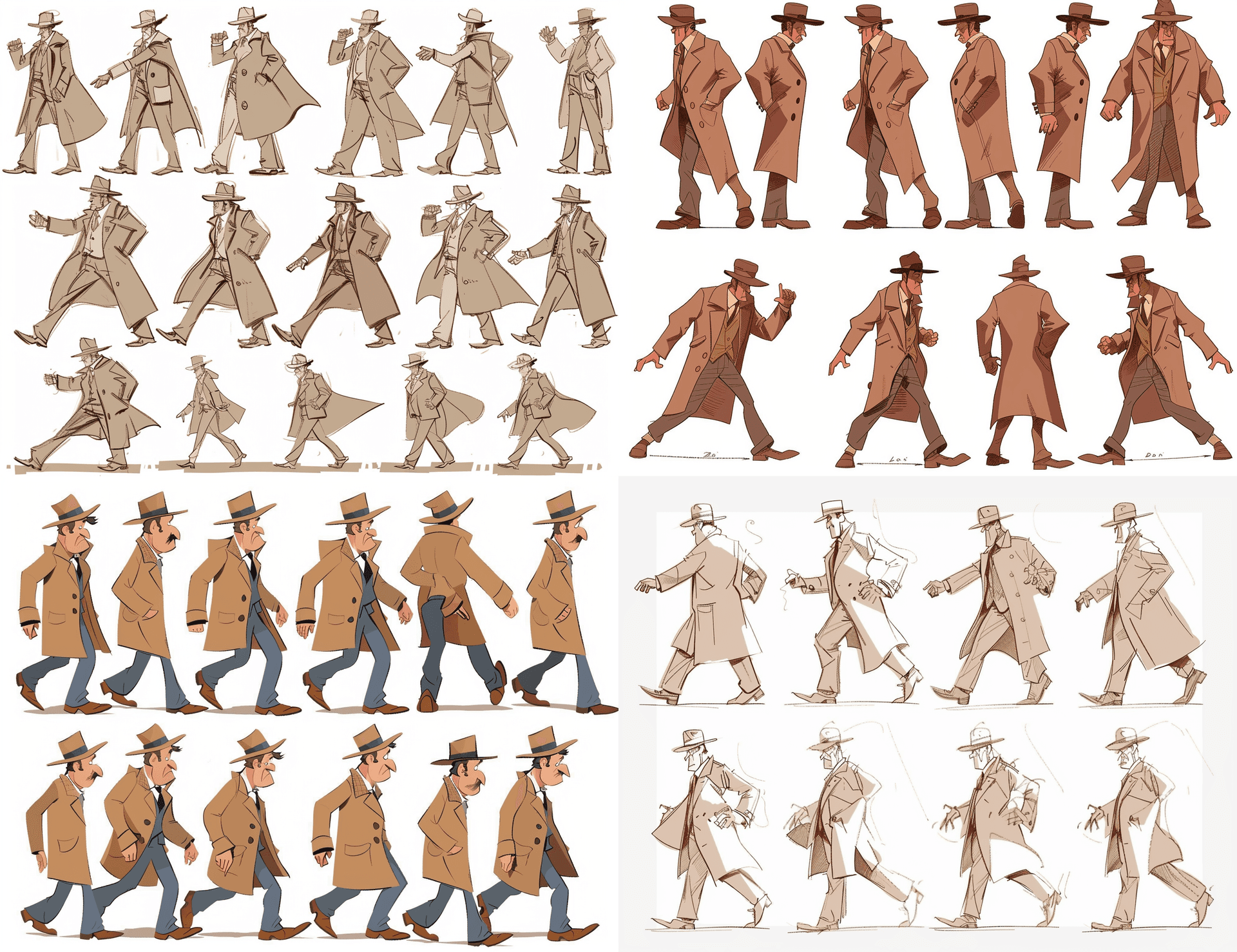 AI generated: A character design sheet of an old cartoon detective with a hat and coat in full body shots, walking...
