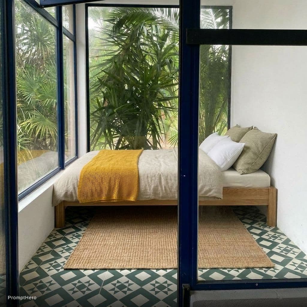 AI generated: Great keep everything the same but change the bed linen for beige linen tones with a hint of green