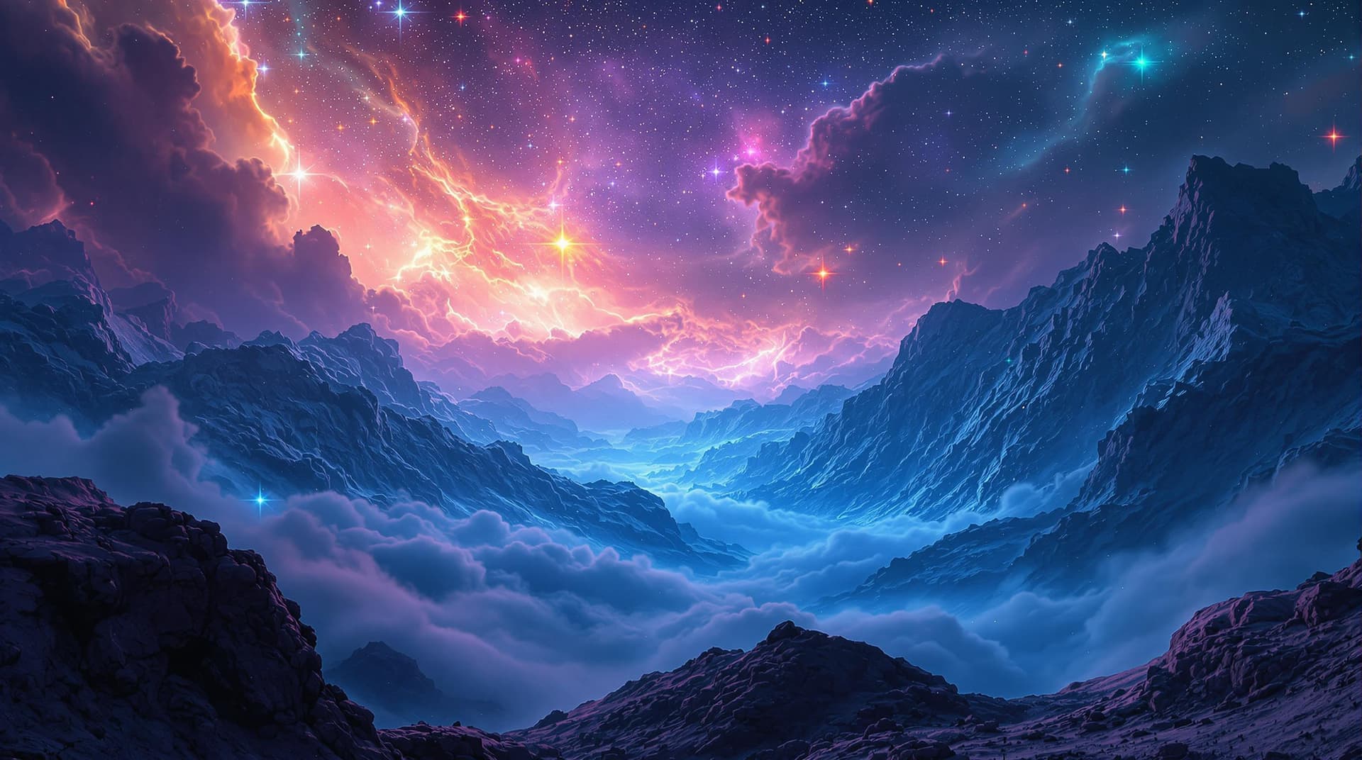 AI generated:  surreal a valley sci-fi landscape in a close up view, made with nebulas the gaz, stars, stars clust...