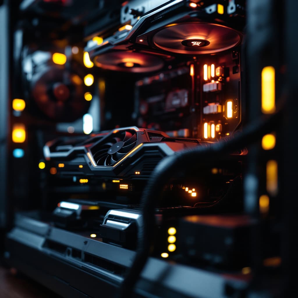 AI generated: inside of a nvida pc with gpu, close up, no light, for corporate, business