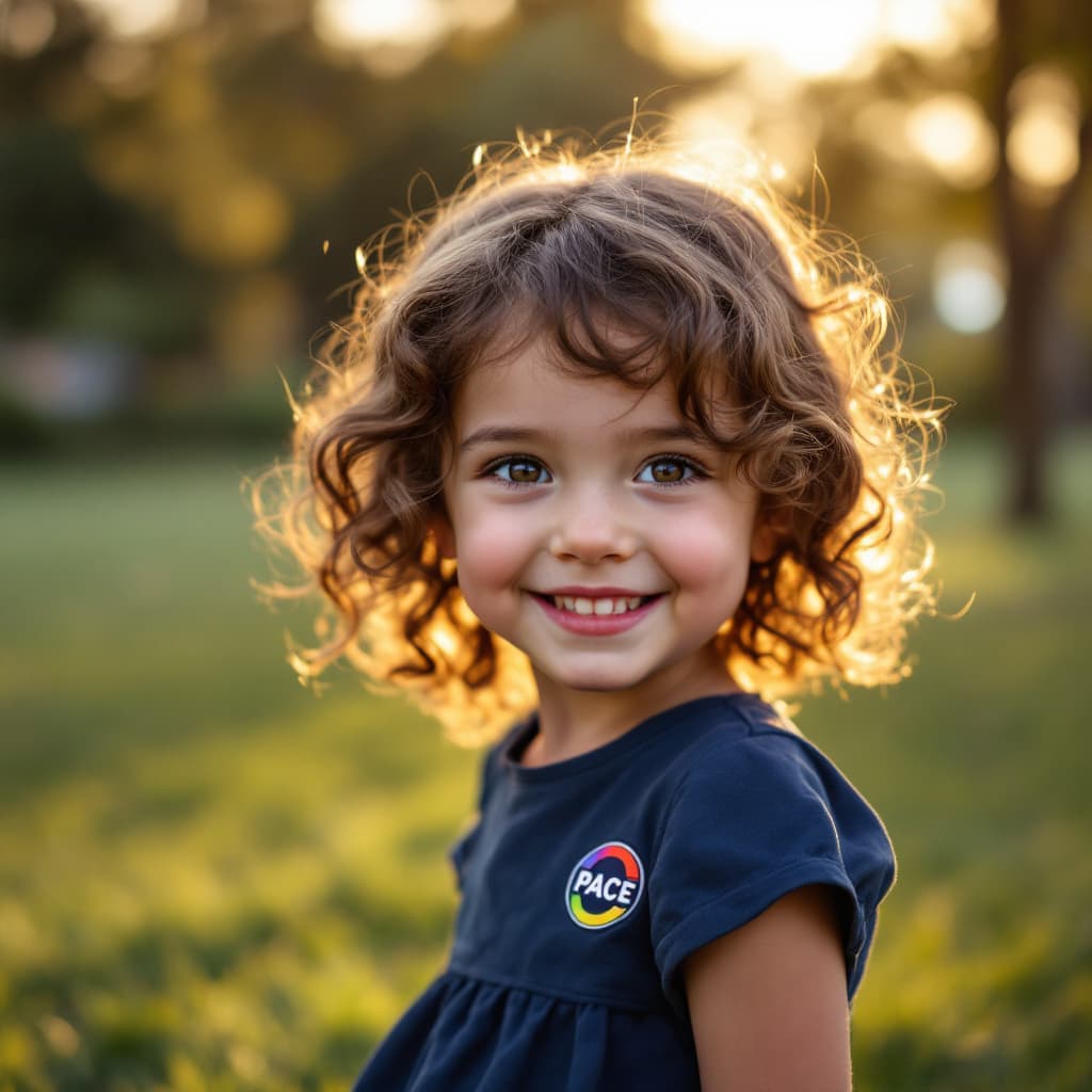 AI generated: 5 years old little white girl with brown curly hair wearing school blue dress with logo (PACE),in sc...