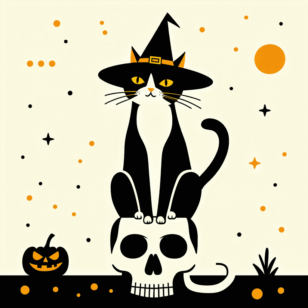 AI generated: A flat illustration of a cat wearing a witch's hat and sitting on the skull, minimalist, warm, utili...