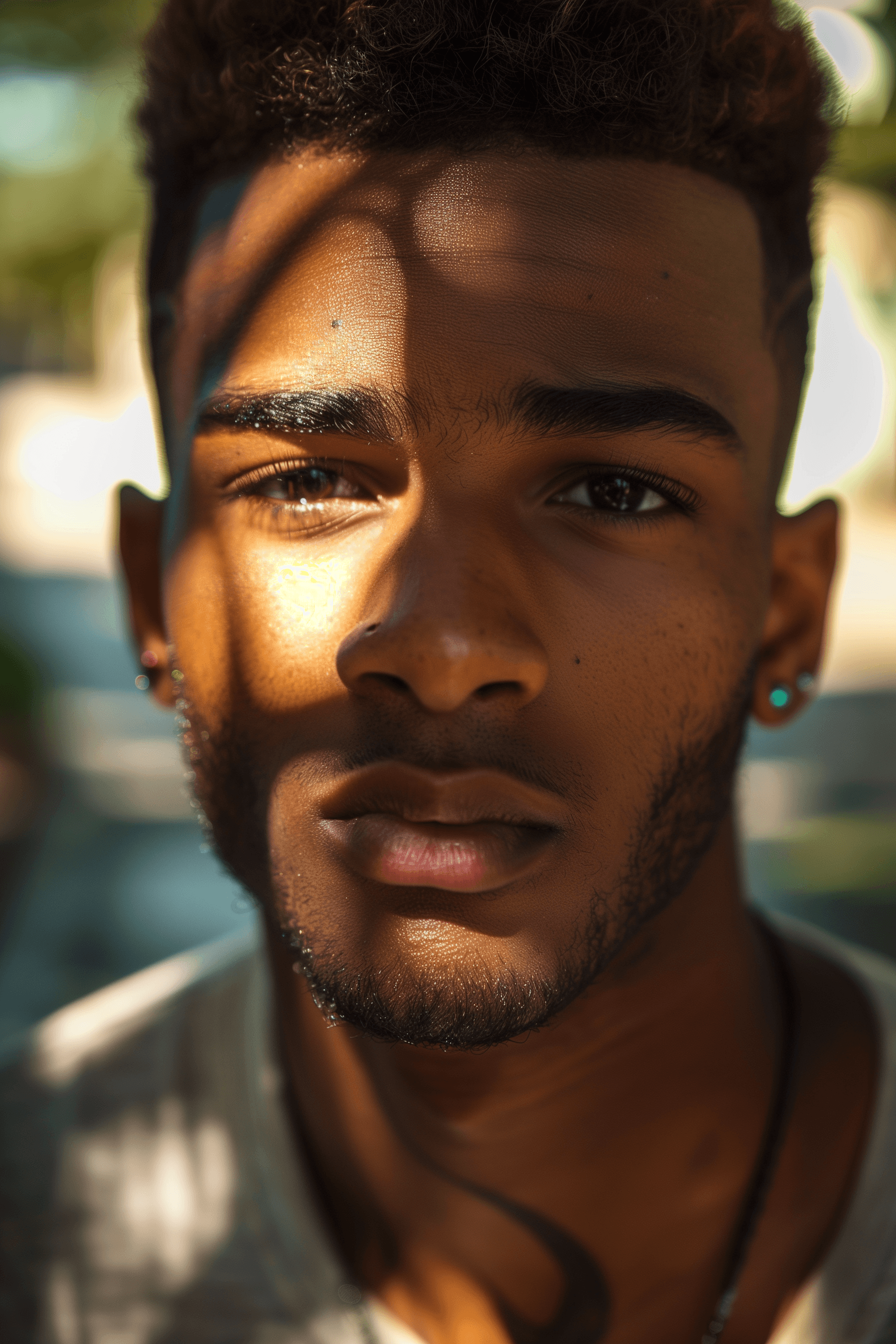AI generated: A handsome black man with short hair and brown eyes, wearing a tshirt, in the sunlight, with beautif...