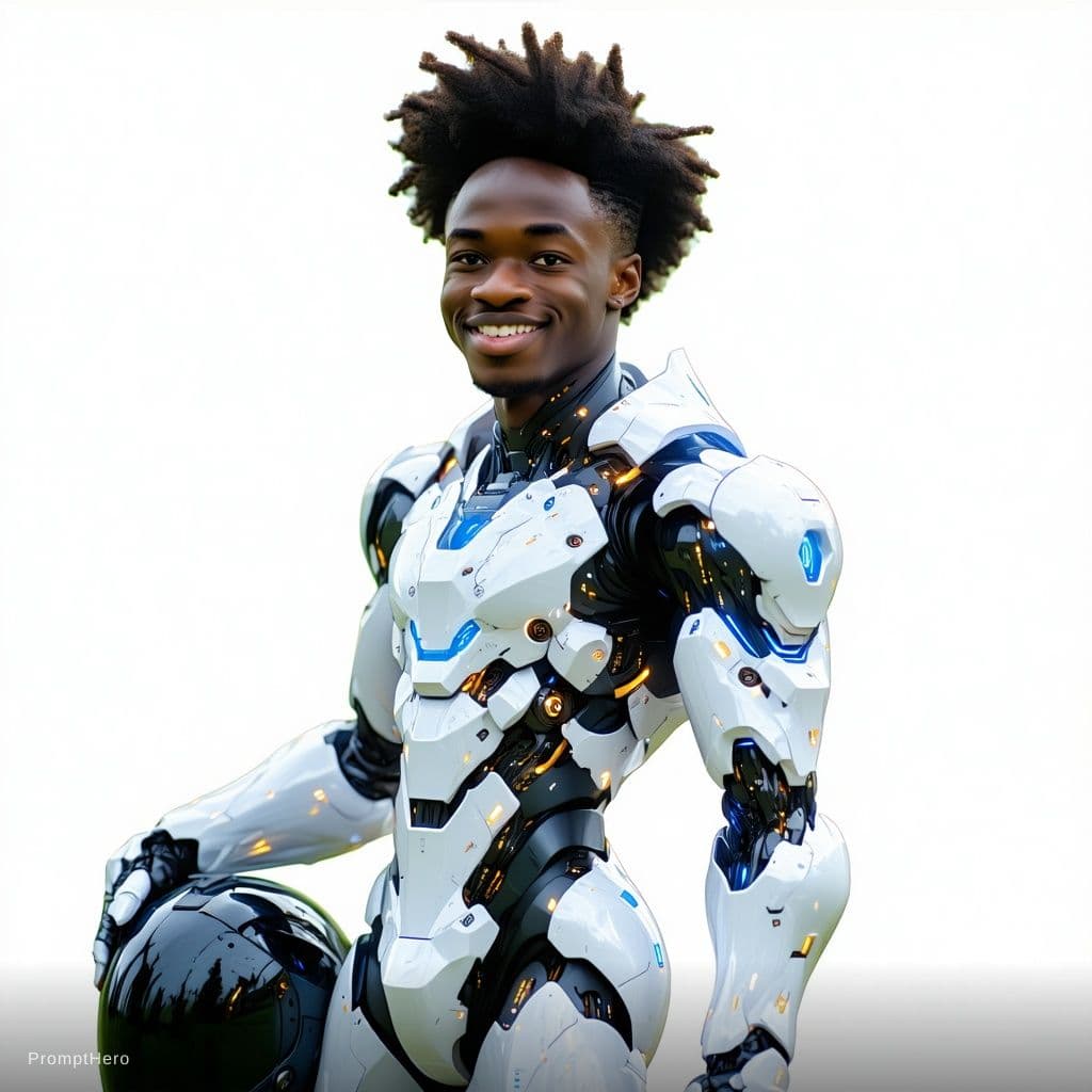 AI generated: Mecha pilot in futuristic, bikini-style armor, the skin on his legs is shiny, he looks and smiles ha...