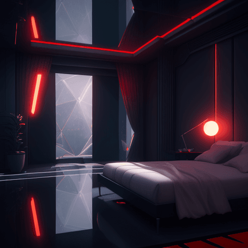 AI generated: futuristic bedroom, luxuury, architecture, sci-fi, beautiful, geometric shapes, red lighting, midnig...