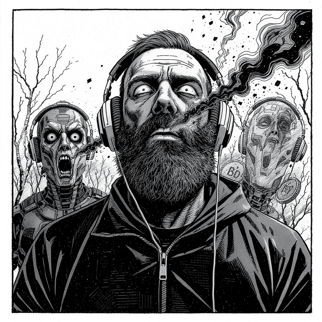 AI generated: illustration, front view, upper body, man with a beard with headphones on, three, horror of a techno...