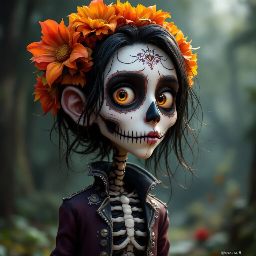 AI generated: day of the dead, in the style of Unreal Engine 5, caricature-like illustrations, exaggerated facial ...