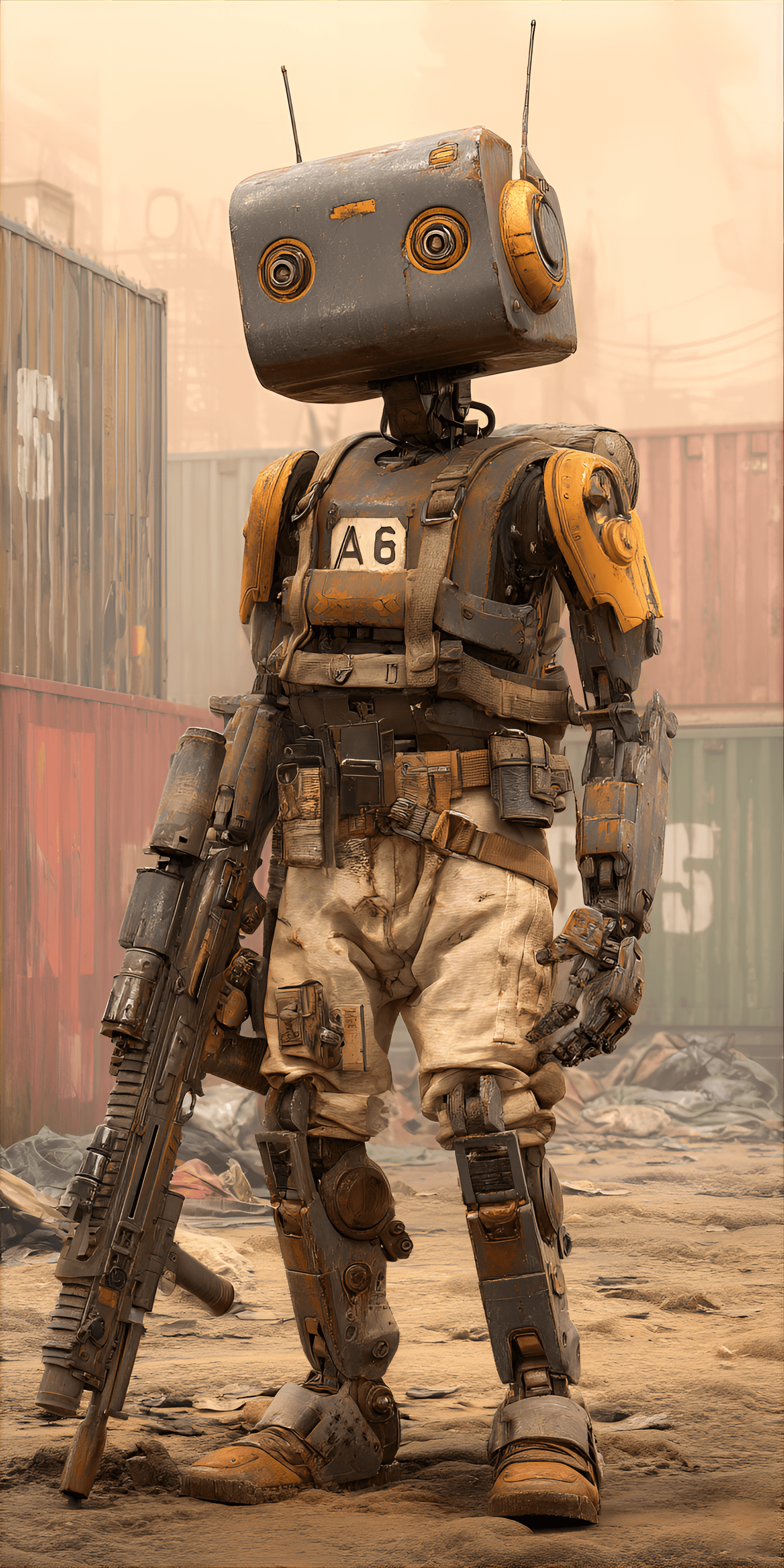AI generated: detailed, full-body shot of a robot standing in a gritty, industrial environment. The robot is posit...