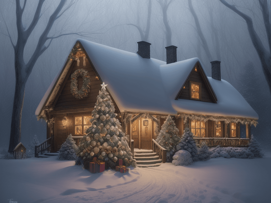 AI generated: Art by Kajenna, full body, christmas evening in winter forest, falling snow christmas tree and engli...