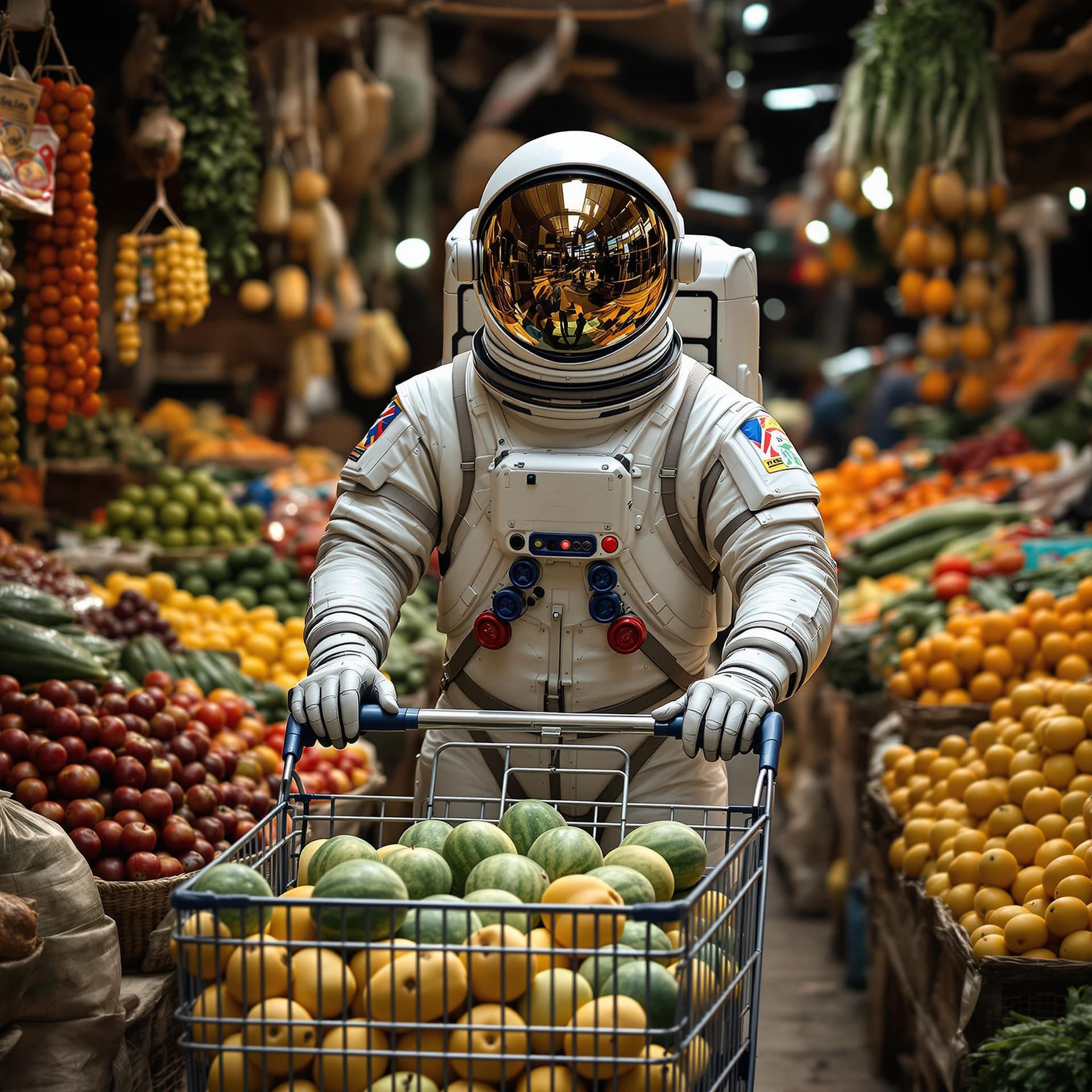 AI generated: The image captures a person wearing a full astronaut suit with a reflective visor, shopping in a tra...