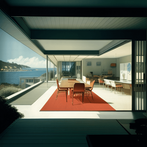 AI generated: Hyper realistic eye level exterior photo of a mid century modern style house overlooking the ocean, ...