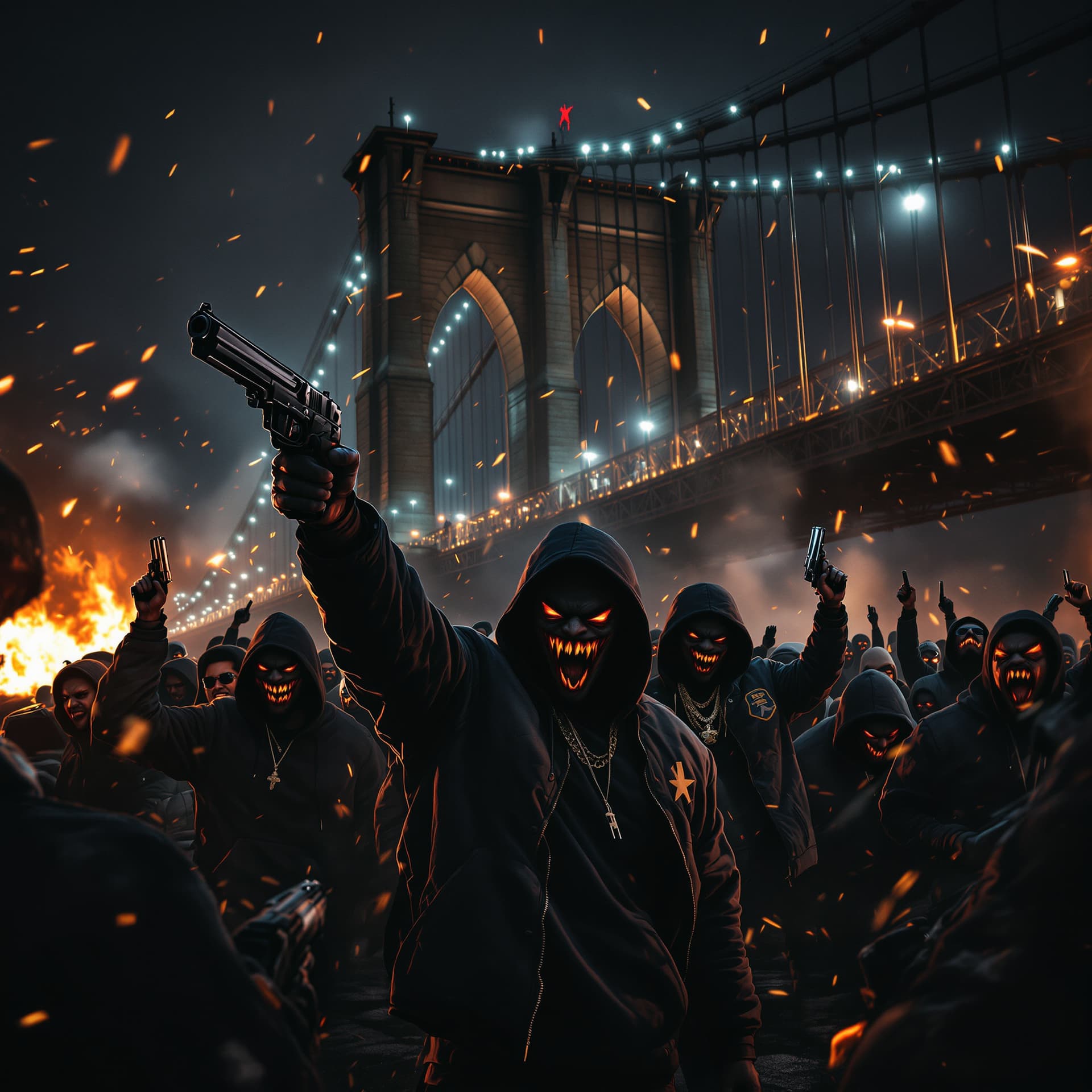 AI generated: a mob of black hip hop men wearing hoodies and hip hop gear, you can't see their faces but you can s...