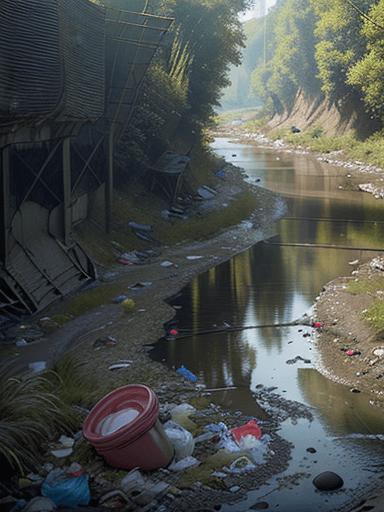 AI generated: image of a small river contaminated by garbage between vehicular roads 8k, intricate detail, photore...