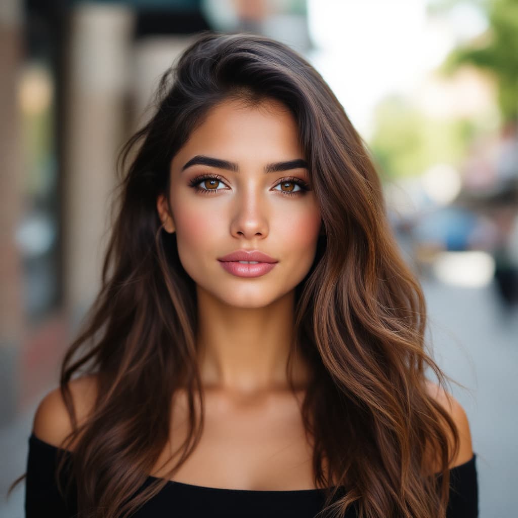 AI generated: A 26-year-old Latina woman with long, thick chestnut brown hair cascading over her shoulders, deep b...