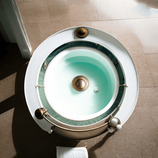 AI generated: view from above of clear clean water in a white enamel bathtub, draining into a old bronze plughole