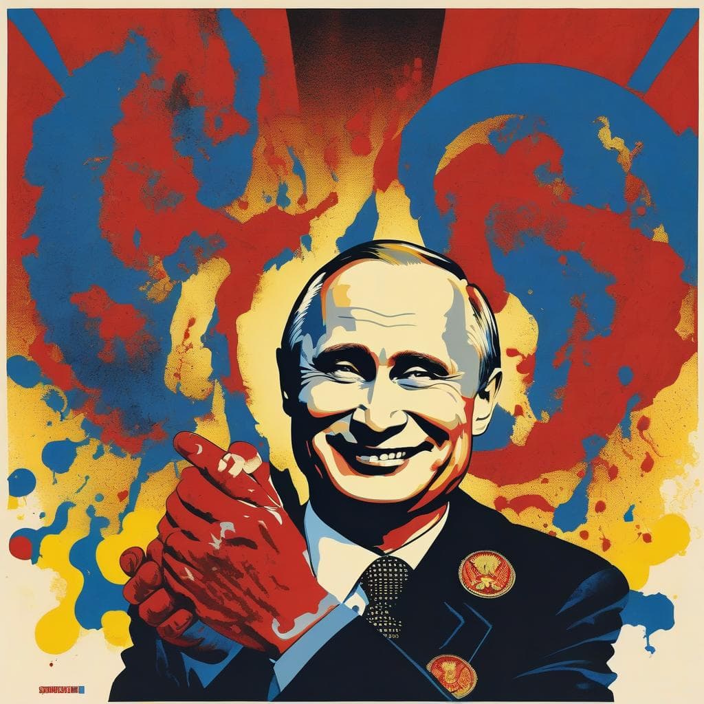 AI generated: Style of Soviet propaganda art, Putin grinning diabolically and happily rubbing his hands. Backgroun...