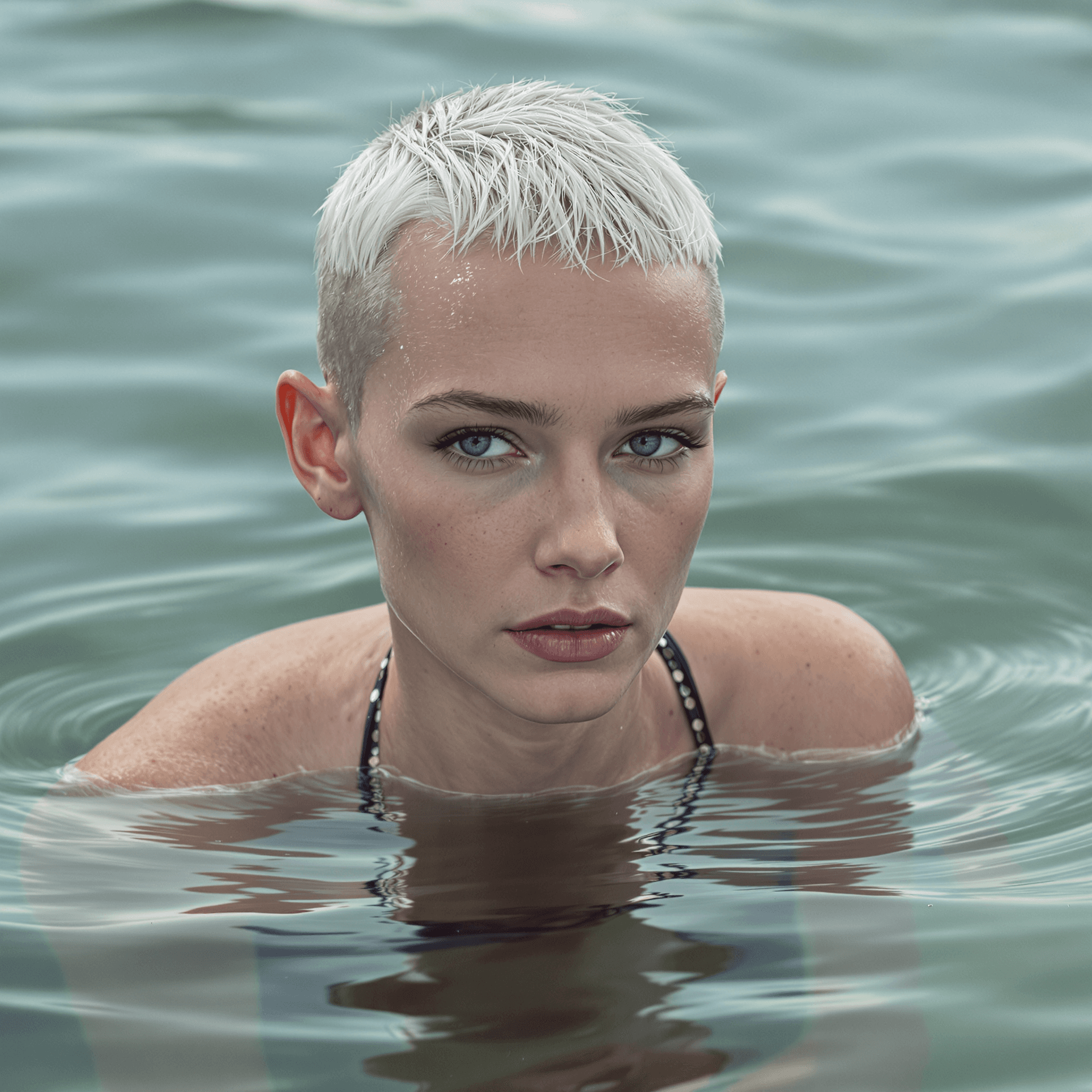 AI generated: A high-resolution photo of a graceful young and slender woman with a white buzz-cut hair, her head o...