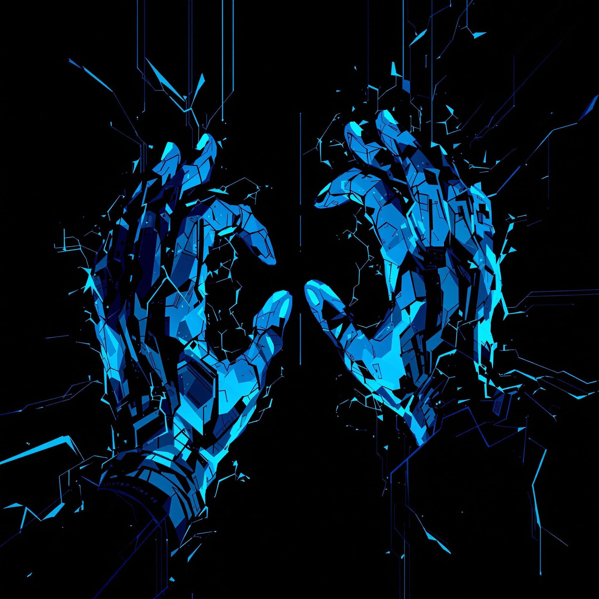 AI generated: 2 blue hands, anime, cyberpunk, style on black bacground,