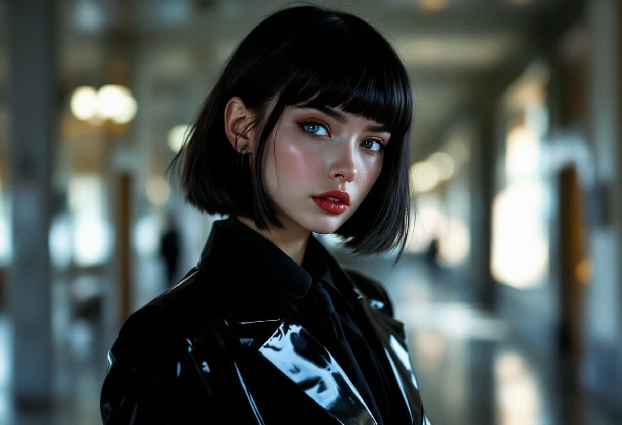 AI generated: College girl in a black high glossy latex blazer and tie, sharp bangs and bowl cut hair cut, blue ey...