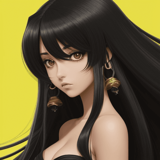 AI generated: A imagem é um still de um anime, apresentando o close de uma garota com cabelo preto olhos amarelo e...