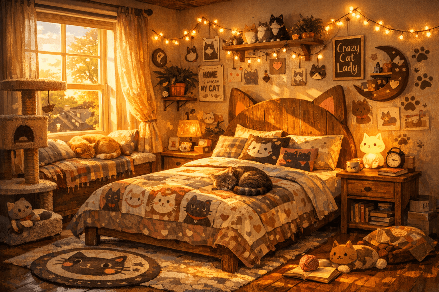 AI generated: Imagine a cozy, whimsical bedroom designed for a cat lover. The room is illuminated by the warm glow...
