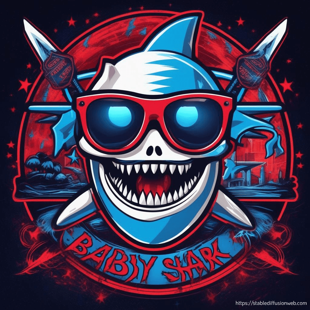 AI generated:  text'BABY SHARK' logo rock&roll underunderground band ,  a Skull with Mohawk and sunglasses , symbo...