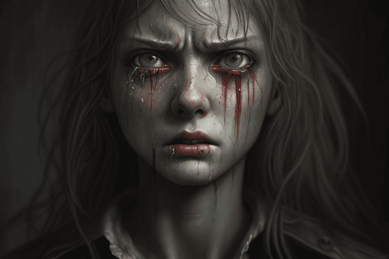 AI generated: woman, angry, full body, crying blood insipired by Il canto dell'allodola, Sophie Anderson and Silen...