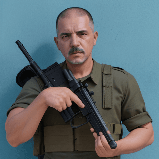 AI generated: Hombre de 34 años , calvo sin pelo, fusil groza fondo caótico estilo guerra mundial,mascota gata,car...