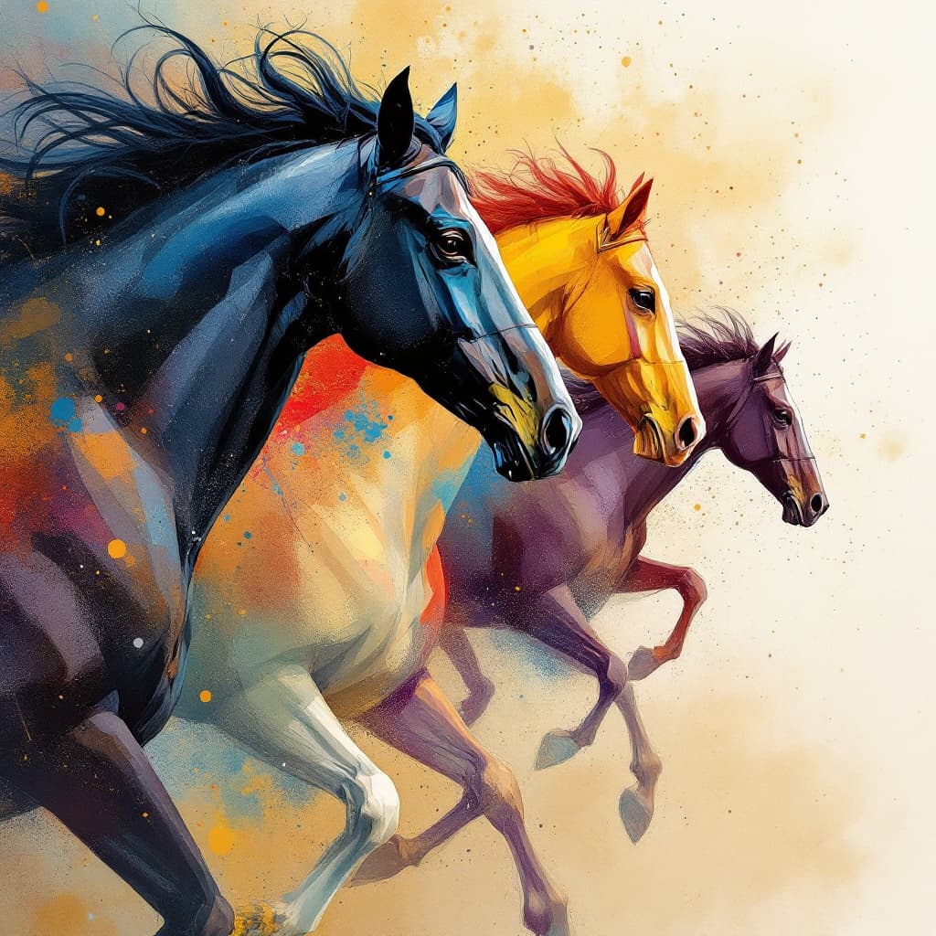 AI generated: generate a unique image, minimal tanjore painting, klimt color pallet, of horses running together fa...